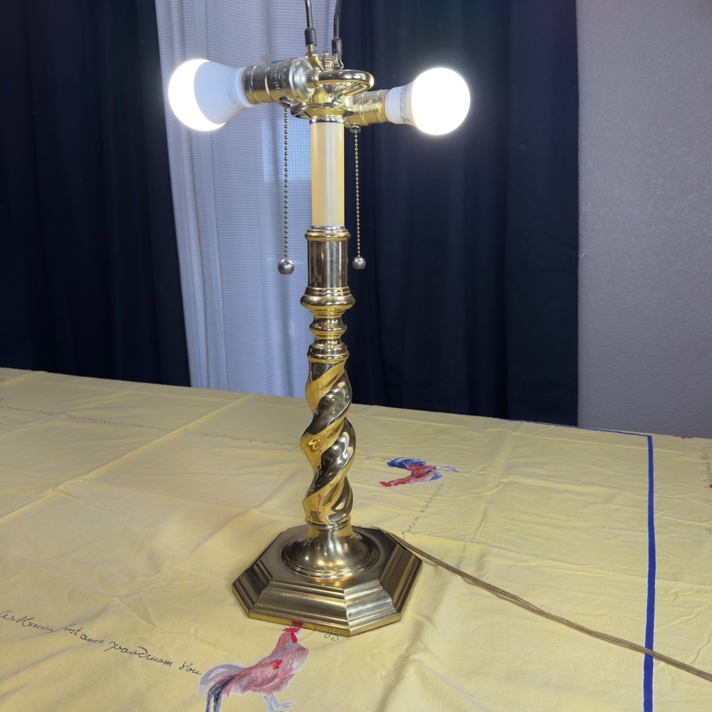 Vintage Brass Twist Table Lamp Dual Socket Pull Chain Octagonal Base 29.5"